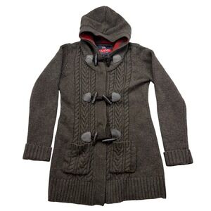 E-Land Duffle Cable Knit Toggle Cardigan Hooded Wool Blend Sweater Medium